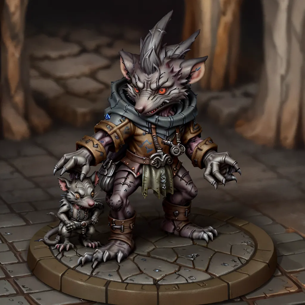 The image shows a ratfolk, which is a humanoid rat, standing on a stone floor. It is wearing a brown leather jerkin and a hood. It has a small backpack and a pouch on its belt. It is also wearing a pair of goggles. The ratfolk is holding a staff in its right hand and a small rat is standing on its left shoulder. The ratfolk has a determined expression on its face, as if it is about to embark on a dangerous journey.