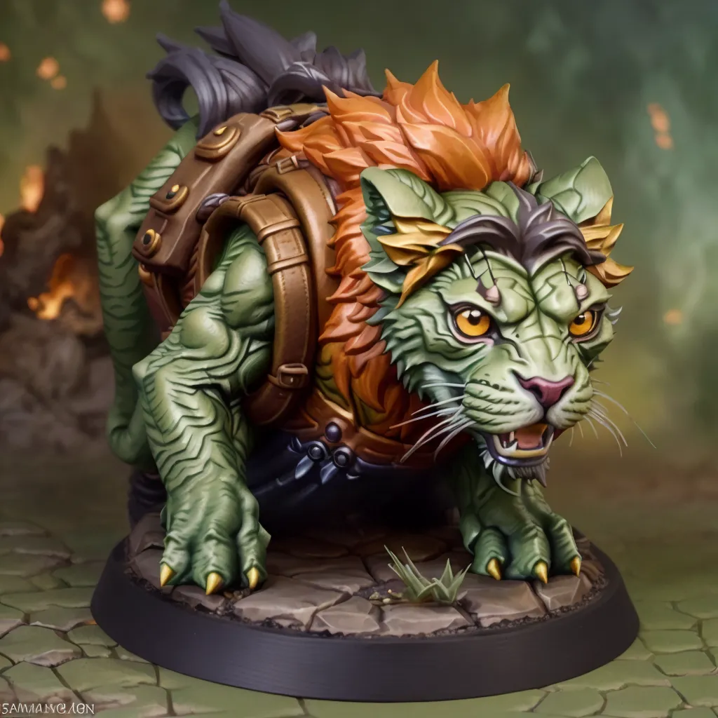 The image is a 3D rendering of a green cat-like creature with orange and black fur on its head, back, and tail. It has a muscular build and sharp teeth. It is wearing a brown leather harness with a strap around its chest and a pouch on its side. The creature is standing on a rocky surface, with a blur of orange flames in the background.