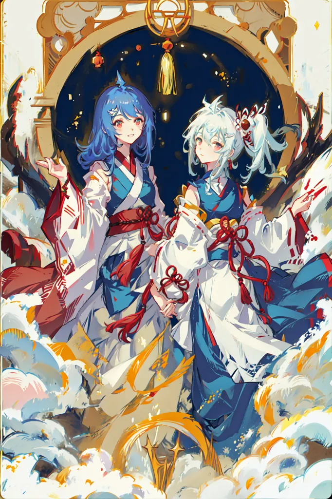 The image is of two anime-style girls in a traditional Japanese setting. The girl on the left has long blue hair and is wearing a blue and white kimono with red and gold accents. She is also holding a fan. The girl on the right has long white hair and is wearing a white and blue kimono with red and gold accents. She is also holding a fan. Both girls are smiling and have their eyes closed. The background is a light blue color with a few clouds.