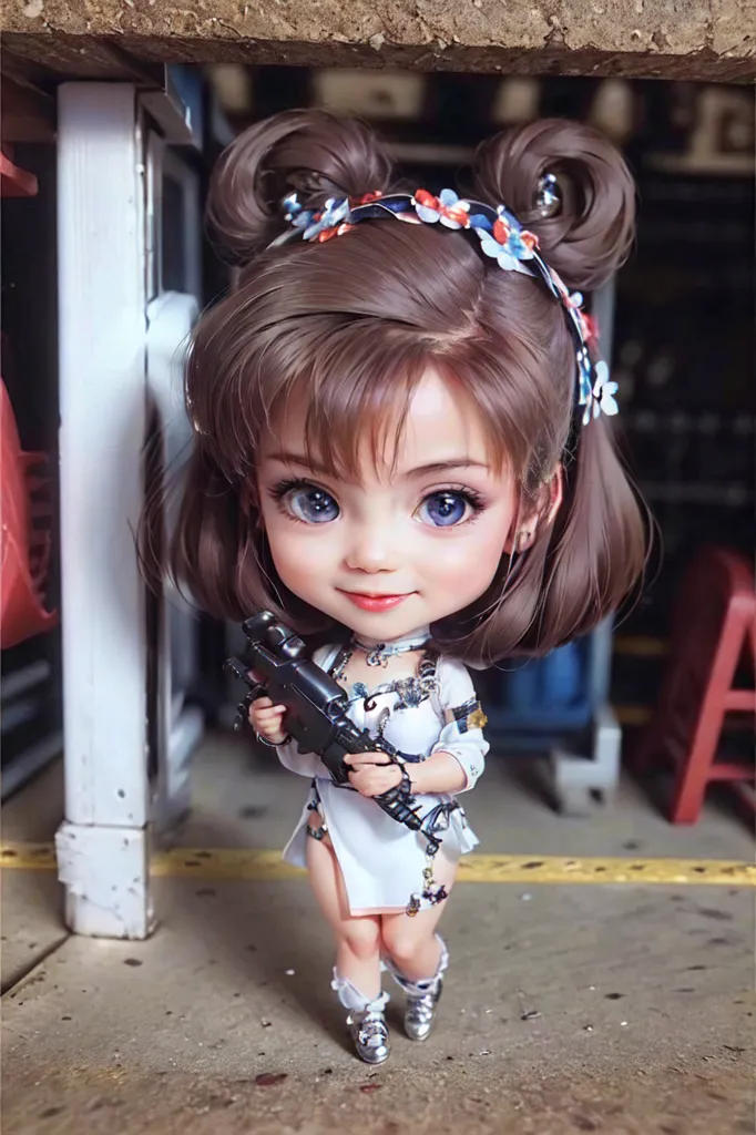 La imagen muestra un renderizado 3D realista de una chica anime chibi. Tiene el cabello castaño peinado en dos moños con accesorios para el cabello en forma de flores rosa y azul. Lleva una blusa blanca corta con una falda azul y gris. También lleva un collar y un cinturón utilitario con una funda de pistola. Sostiene una pistola en su mano derecha. El fondo es una imagen desenfocada de una habitación con piso de concreto y paredes de metal.