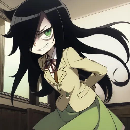 The image shows a young woman with long black hair, green eyes, and a sinister smile on her face. She is wearing a beige blazer, a white blouse, and a green skirt. She is standing in a hallway, with her hands behind her back.