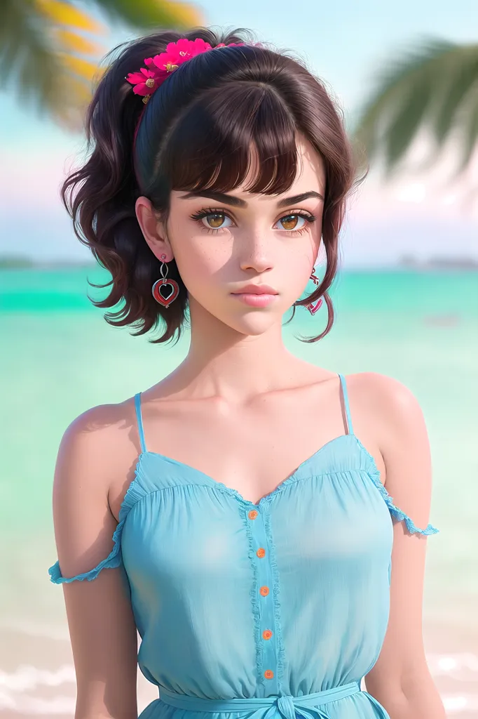 The image shows a young woman with brown hair and brown eyes. She is wearing a blue dress with spaghetti straps and a white flower in her hair. She is also wearing heart-shaped earrings. She is standing on a beach with palm trees in the background. The water is a bright blue color and the sand is white. The sun is shining and there are white clouds in the sky.