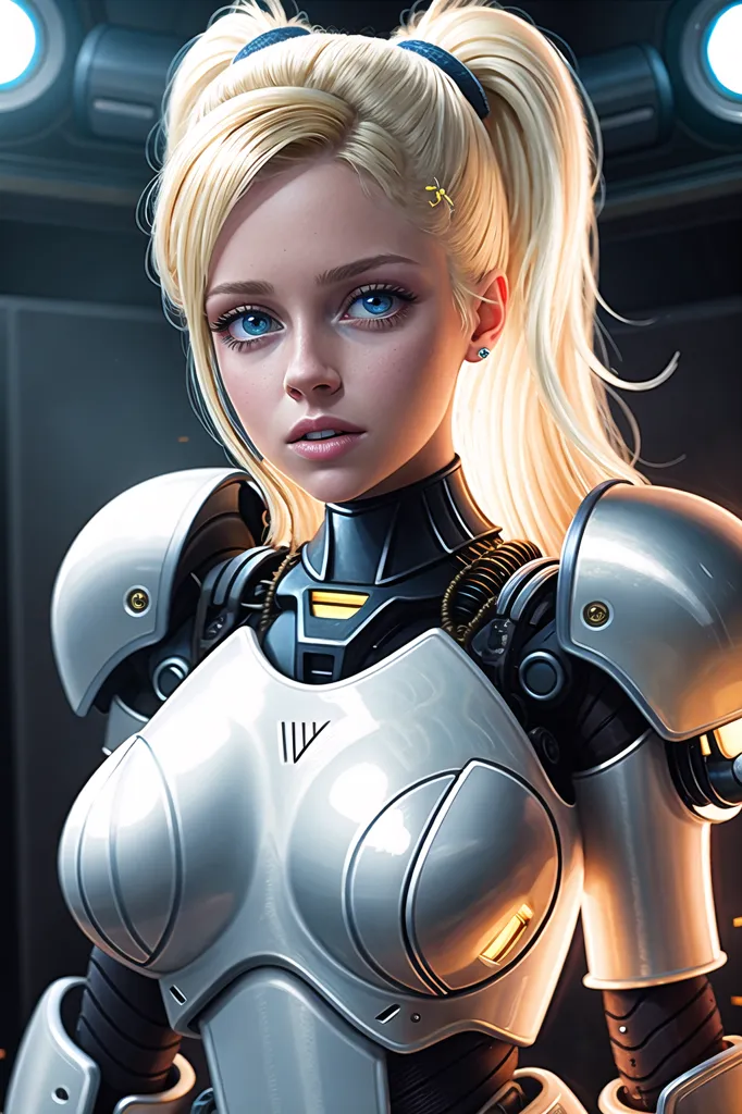 The image shows a beautiful young woman with long blonde hair and blue eyes. She is wearing a futuristic suit of armor that covers her chest and shoulders. The armor is grey and has yellow detailing. The woman's hair is tied back in a ponytail and she has a small yellow hair tie. She is looking at the viewer with a serious expression. The background is dark with bright lights in the distance.