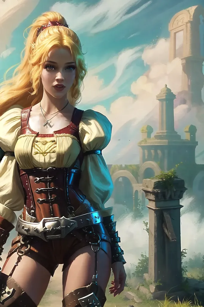 The image is of a blonde woman in a fantasy setting. She is wearing a white and brown corset with brown belts and gold buckles. She is also wearing brown boots and a brown belt around her waist. She has a sword on her left hip. She is standing in a ruined city with large stone columns and overgrown plants. The sky is blue and there are some clouds in the distance.