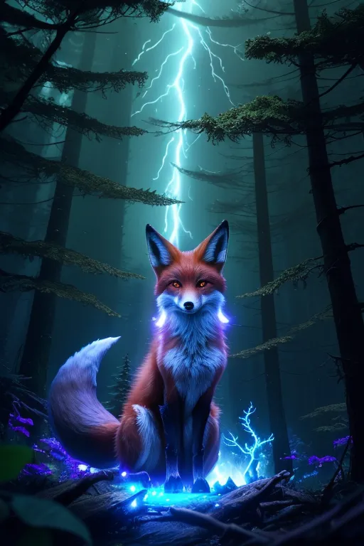 A red fox is sitting on a rock in the middle of a forest. The fox is looking at the viewer with its glowing blue eyes. The fox has a glowing blue tail and blue paws. There is a lightning bolt striking a tree in the background. The forest is dark and mysterious.