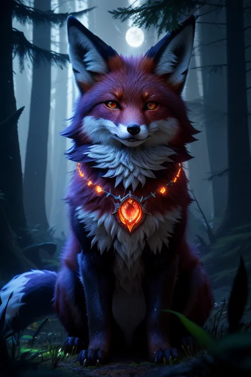 The image is a painting of a red fox sitting in a dark forest. The fox is looking at the viewer with its big, round, orange eyes. It has a glowing red gem on its chest. The fox is sitting on a bed of soft green moss. The background of the painting is a dark forest with tall, green trees. The moon is shining through the trees. The painting is done in a realistic style and the fur of the fox is especially well done. The painting is very detailed and the artist has captured the beauty of the fox and the forest.