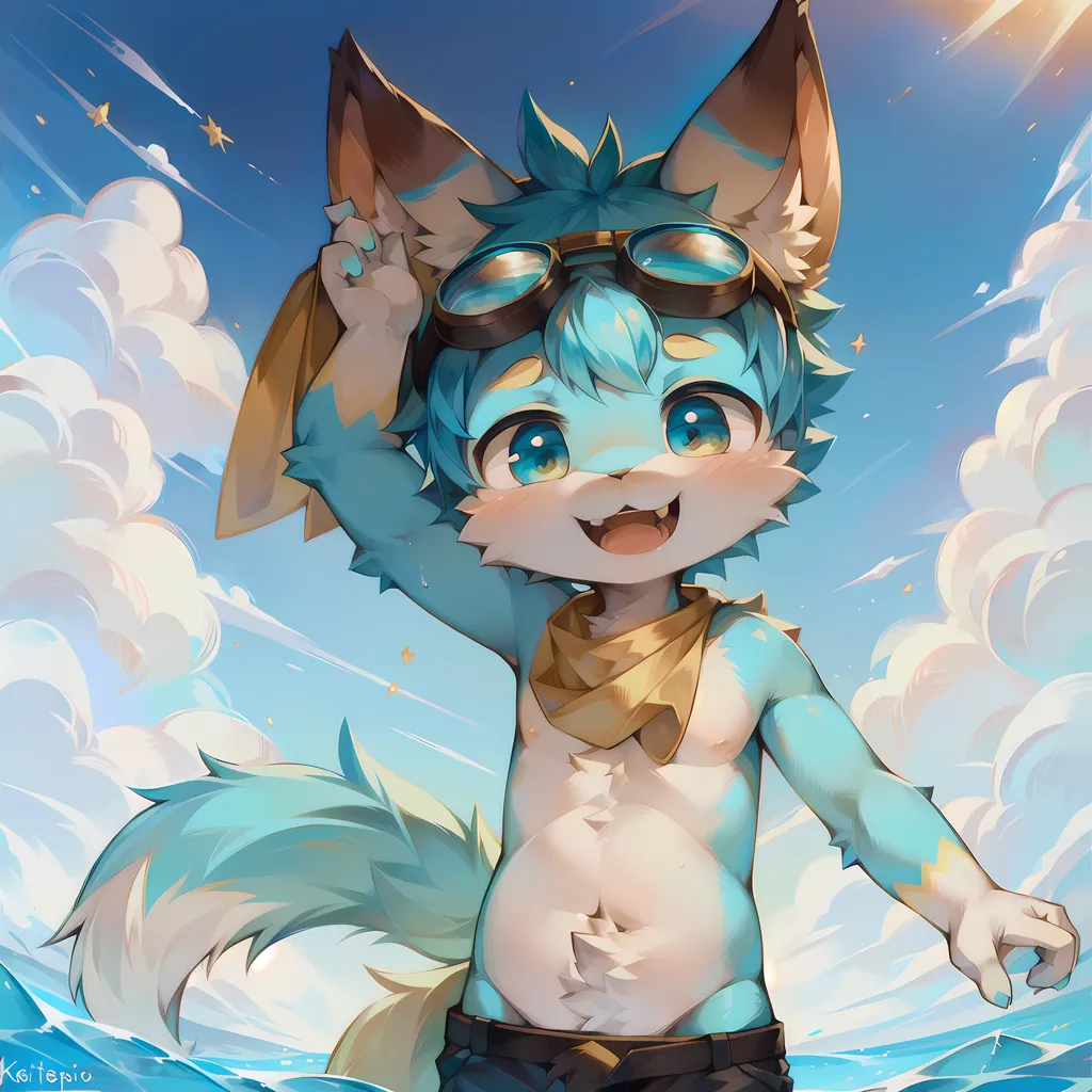 The image is of a furry character, who appears to be a young boy. He has blue fur and hair, with aqua eyes and a yellow scarf around his neck. He is wearing a pair of goggles and is standing in the ocean, with the water up to his waist. He has a happy expression on his face and appears to be enjoying the water. The background of the image is a bright blue sky with white clouds.