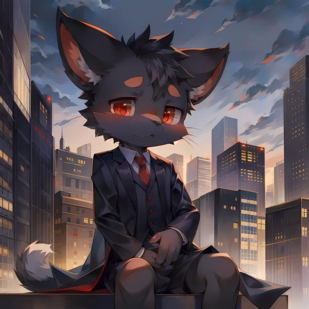 The image shows a furry character, which is a cartoon animal with human-like characteristics, sitting on a rooftop in a city. The character is wearing a black suit and tie. It has black fur and red eyes. The city is in the background and is made up of tall buildings. The sky is cloudy and there is a hint of sunset.