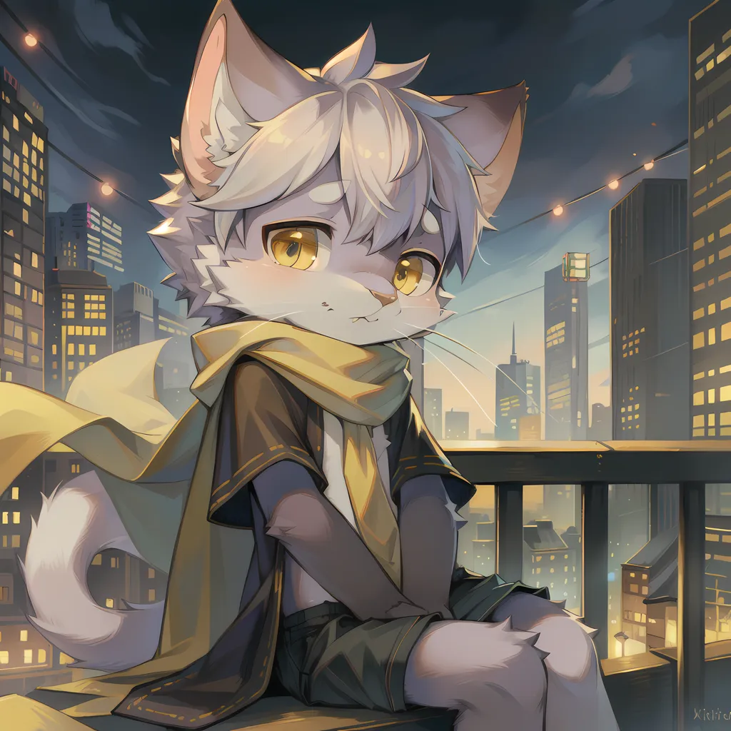 The image is of a white cat with yellow eyes, sitting on a railing in a city at night. The cat is wearing a yellow scarf and a brown vest. The city is in the background and is out of focus. The cat is looking at the view of the city.