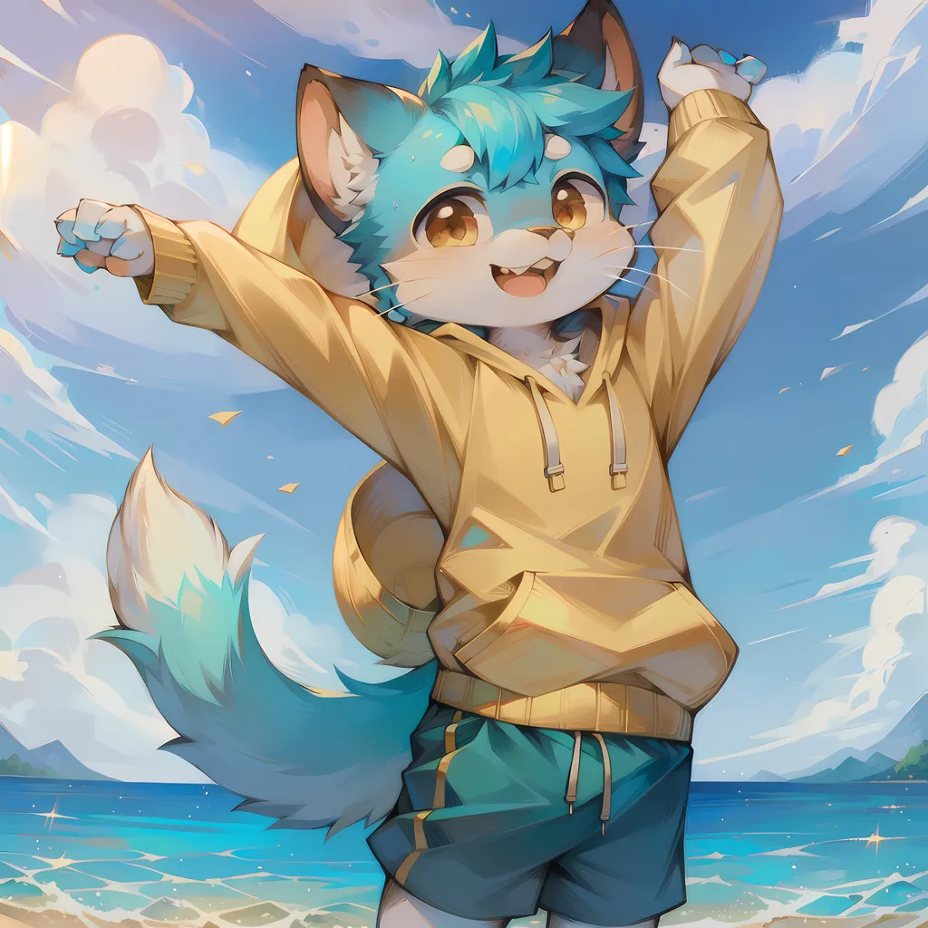 An anime-style illustration of a cat-boy in a yellow hoodie and blue shorts, standing on a beach. He has blue hair and eyes, and is smiling with his arms outstretched. The background is a bright blue sky with white clouds, and the ocean is a darker blue.