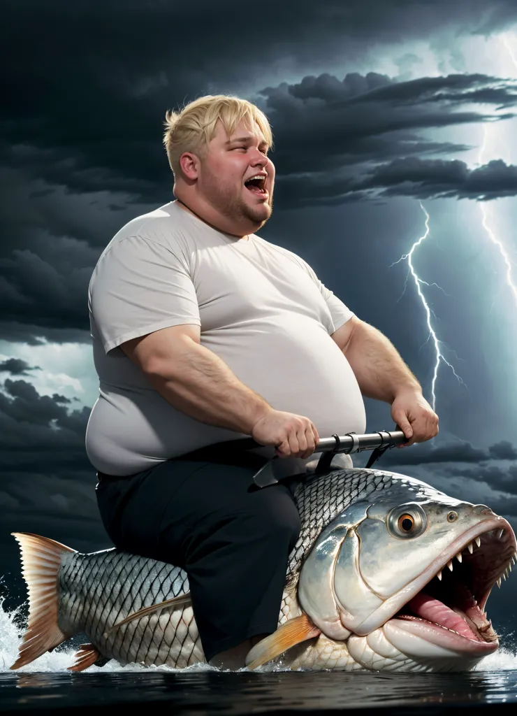 The image shows a man riding a fish. The man is overweight, with blond hair and a white shirt. He is riding the fish like a bicycle, and he has a surprised expression on his face. The fish is large and has sharp teeth. The background of the image is a stormy sky, with dark clouds and lightning. The image is funny and surreal.