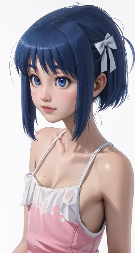 The image is a digital painting of a young woman with blue hair and eyes. She is wearing a pink swimsuit with a white bow in her hair. The background is white and the woman is looking at the viewer with a slight smile on her face. The image is drawn in a realistic style and the woman's skin is smooth and flawless. The image is also very detailed and the woman's hair is individually styled.