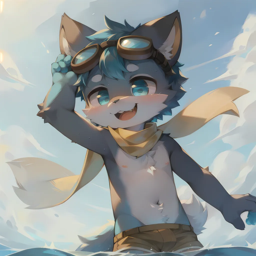 An anthropomorphic wolf with blue hair and eyes is standing in the ocean. The wolf is wearing a yellow scarf and brown shorts. The wolf is wearing goggles on its head. The wolf is smiling and has its left hand raised. The background is a bright sky with white clouds.