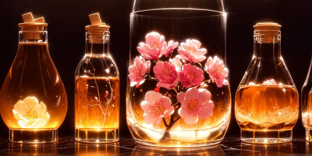 The image shows four glass bottles on a marble table against a black background. The bottles are filled with a golden liquid and each bottle contains a different flower. The first bottle on the left contains a white flower, the second bottle contains a pink flower, the third bottle contains a larger pink flower, and the fourth bottle on the right contains a yellow flower. The flowers are all in full bloom and their colors are vibrant and lifelike. The bottles are corked and sealed, and the liquid inside is clear and transparent. The table is made of dark marble and its surface is smooth and reflective. The background is a dark, neutral color that does not distract from the beauty of the bottles and flowers. The overall effect of the image is one of beauty and elegance.