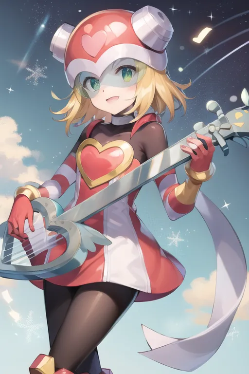 The image depicts a young girl with a yellow twin-tailed hairstyle wearing a red and white outfit. She is playing a white and red guitar. She has green eyes and a heart-shaped ahoge on her head. She is standing on a cloud with a starry background.