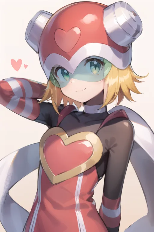 The image shows a young girl with yellow hair and green eyes. She is wearing a red and white helmet with a heart on the front, and a red and white jumpsuit with a heart-shaped chest plate. She has a red and white scarf around her neck, and her hair is in a ponytail. She is smiling and has her left hand on her hip. There are two small hearts floating on the left side of her head.