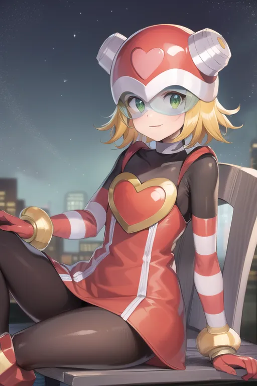 The image shows a young girl with yellow hair and green eyes. She is wearing a red and white jumpsuit with a heart-shaped symbol on the chest. She is also wearing a red and white helmet with a heart-shaped visor. The girl is sitting on a rooftop, looking out over a city. The background is a cityscape with a starry night sky.