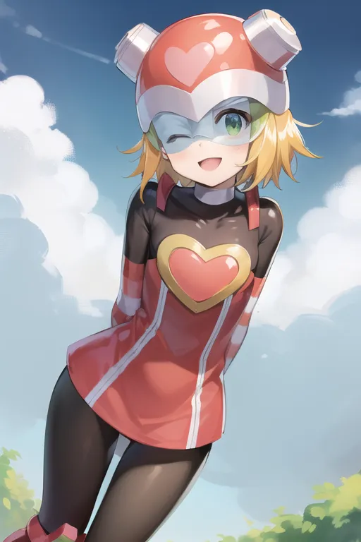 The image depicts a young girl with yellow hair and green eyes. She is wearing a red and white helmet with a heart-shaped visor. The girl is also wearing a red and white jumpsuit with a large heart-shaped emblem on the chest. She has a playful expression on her face and is winking at the viewer. The background is a blue sky with white clouds.