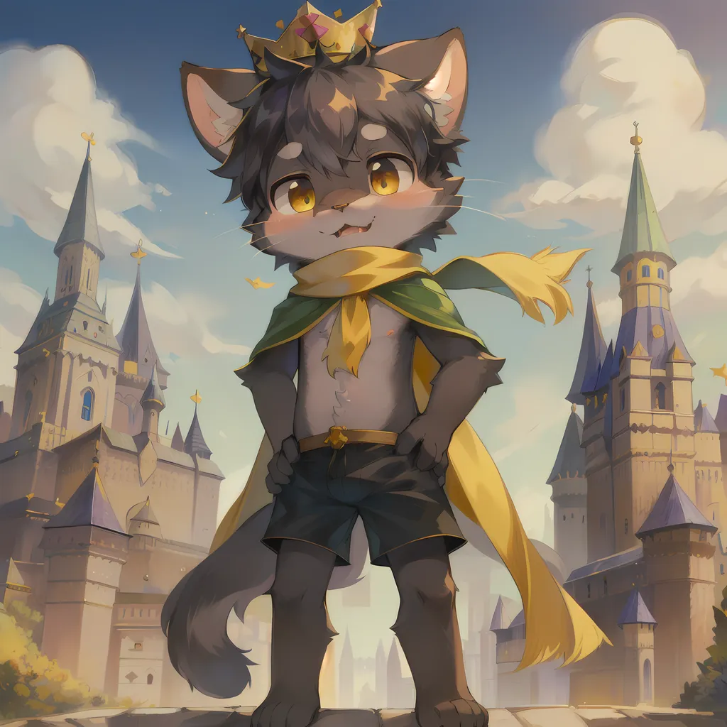 This image shows a furry creature with cat ears and a tail. It is wearing a green cape and a crown. It is standing on a parapet in front of a castle. The creature is looking at the viewer with a confident expression.