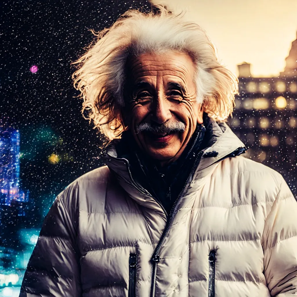 The photo shows Albert Einstein. He is wearing a white puffy jacket and has a warm smile on his face. His hair is wild and white. The background is blurry and looks like a city at night with snow falling.