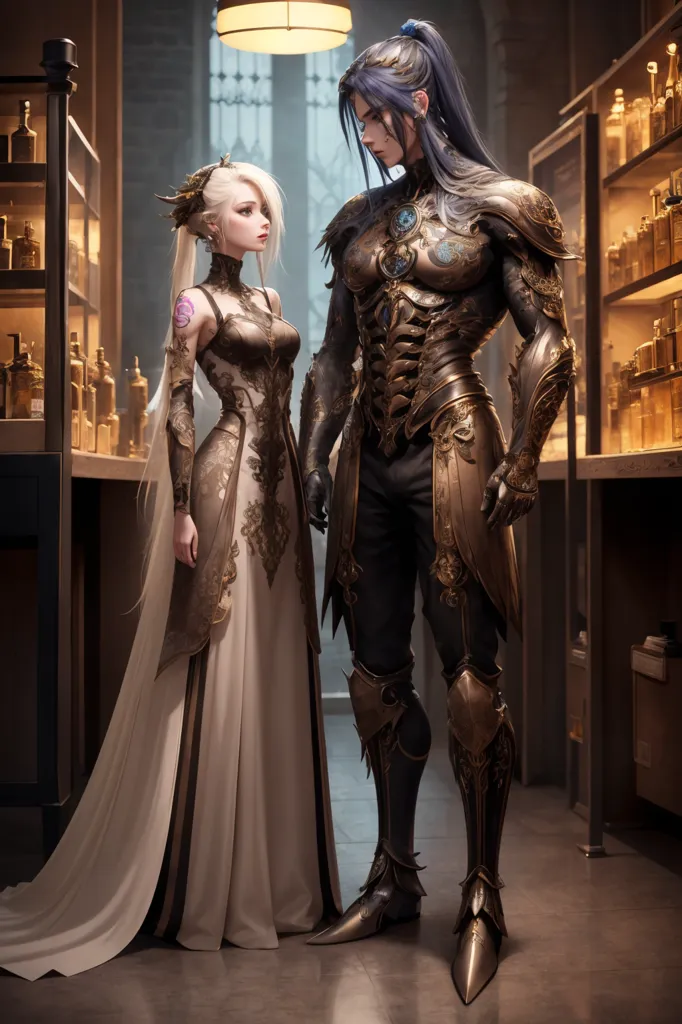 This is a picture of a man and a woman standing in front of a wall of shelves. The woman is wearing a white dress with a gold and black pattern. She has long blond hair and a rose tattoo on her right arm. The man is wearing black pants and a gold and black breastplate. He has long blue hair and a ponytail. He is also wearing a sword on his left hip.