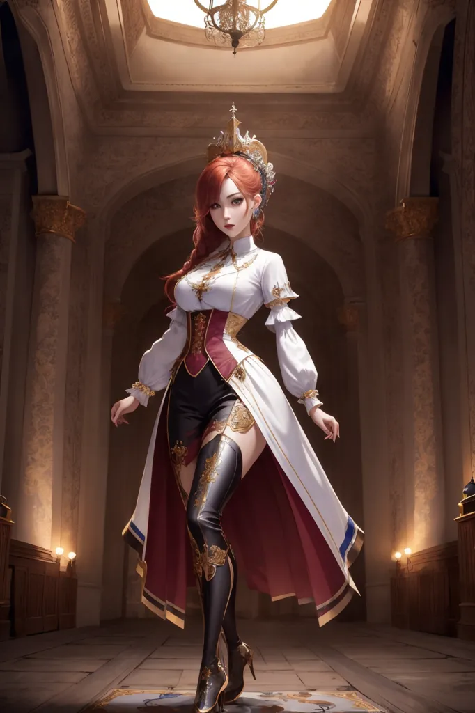 This is an image of a woman in a white and red dress. She is wearing a crown and there is a chandelier above her. She is standing in a hallway with columns and there are sconces on the walls. The floor is made of marble. The woman has long red hair and green eyes. She is wearing a corset and has a sword on her hip. She looks like a warrior princess.