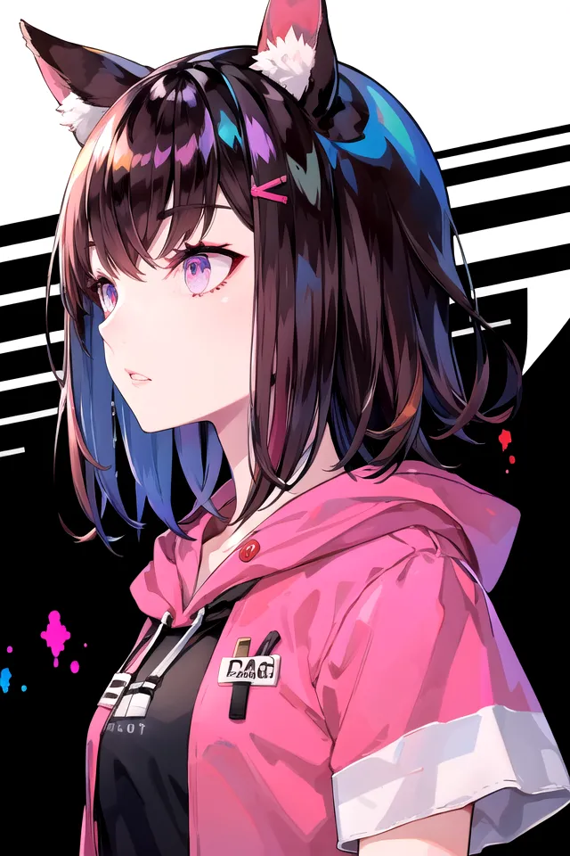 The image is a portrait of a young woman with cat ears. She has purple eyes and long dark hair with blue and pink highlights. She is wearing a pink hoodie with a white T-shirt underneath. The background is white with some pink and blue accents.