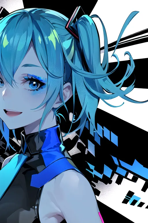 This is an image of a young woman with blue hair and blue eyes. She is wearing a black and blue outfit. The background is white with black stripes. The woman is smiling and has her hair in pigtails. She is also wearing a pair of headphones.