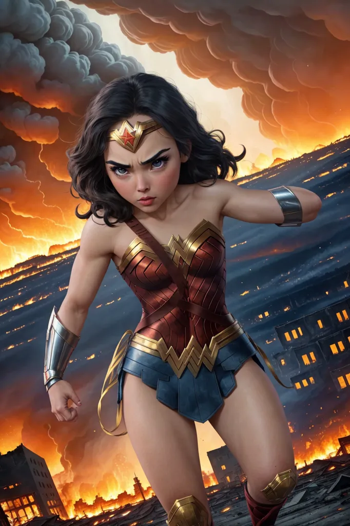 This image shows a cartoon version of Wonder Woman. She is standing in a post-apocalyptic city. The sky is filled with smoke and fire. She is wearing her classic outfit, which consists of a red and gold bustier, a blue skirt, and red boots. She is also wearing her signature tiara and bracelets. She has a determined expression on her face, and she is ready to fight.