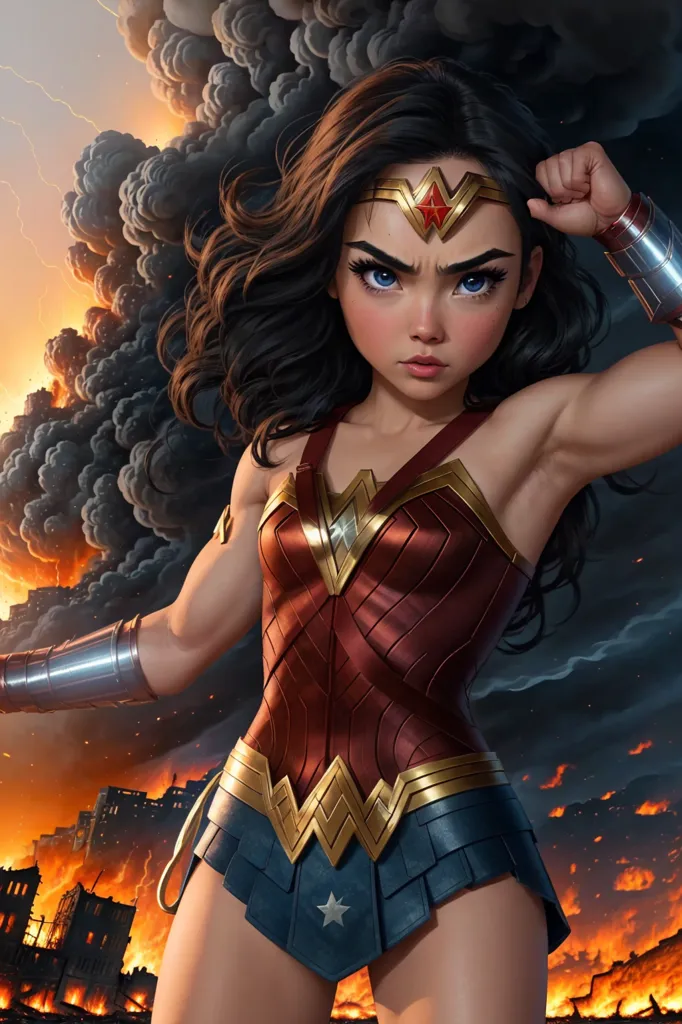 This is an image of Wonder Woman, a superhero from DC Comics. She is standing in front of a burning city. She is wearing her iconic red, white, and blue costume and has her hair flowing behind her. She is holding her fists up in a fighting stance and has a determined look on her face. The background is a fiery orange and there are ruins of buildings all around her.