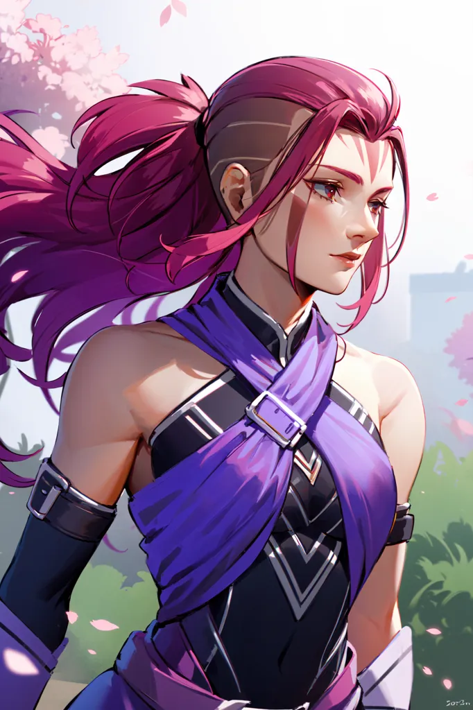 This is an image of a young woman with pink hair and purple eyes. She is wearing a purple scarf and a black vest. The background is white with some pink and purple flowers. The woman has a determined expression on her face. She is looking to the right of the frame.