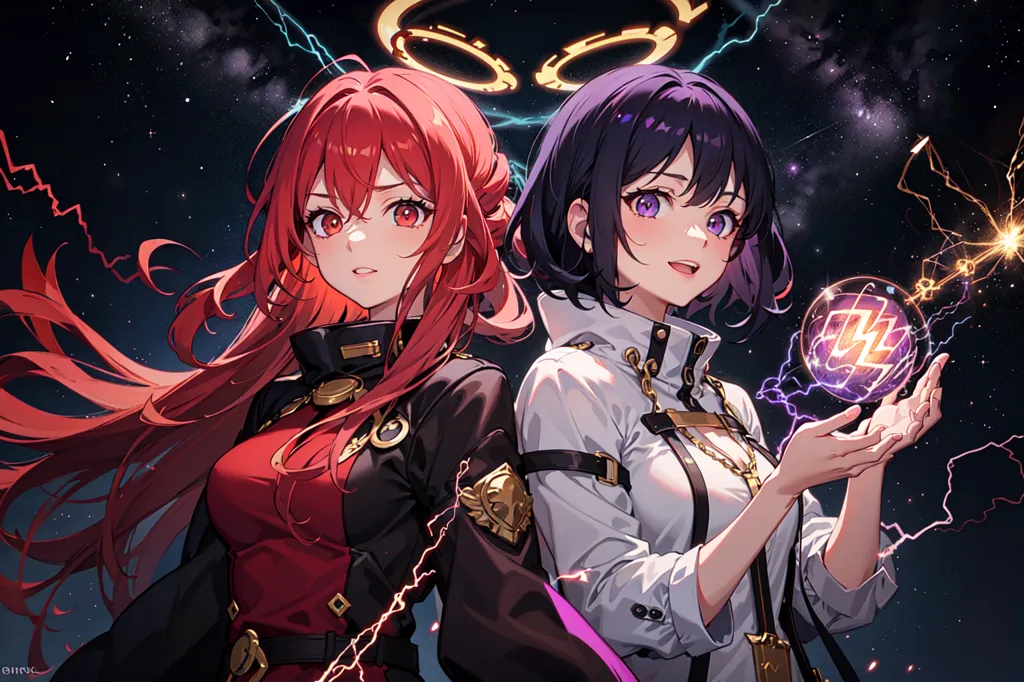 Esta imagen muestra a dos chicas con estilo anime con cabello largo rojo y morado. Están de pie una al lado de la otra contra un fondo de estrellas y relámpagos. La chica de la izquierda lleva un atuendo rojo y negro, mientras que la chica de la derecha lleva un atuendo blanco. La chica de la derecha está sosteniendo una bola de energía brillante en su mano.