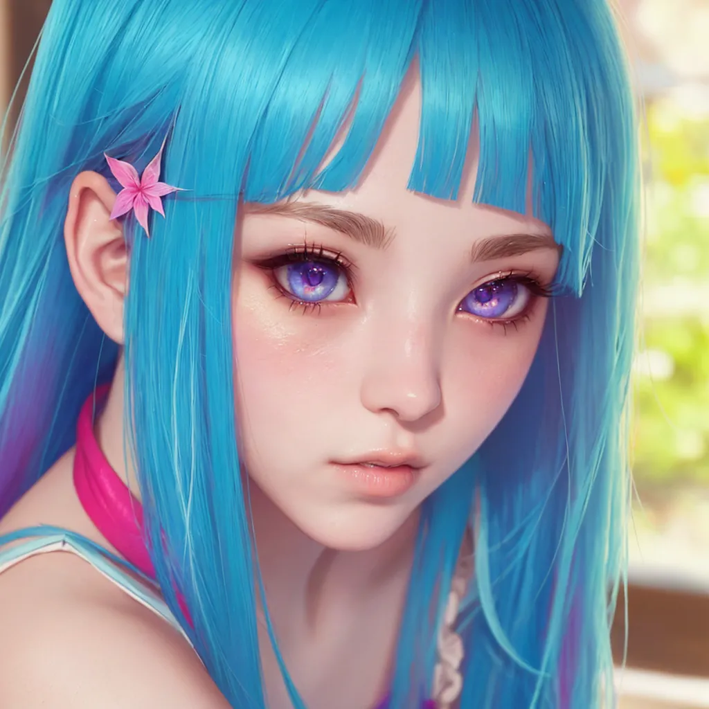 This is a picture of a young woman with blue hair. She is wearing a white tank top. The image is cropped so that only her head and shoulders are visible. The woman has fair skin and purple eyes. Her hair is long and straight, and she has a pink flower in her hair. She is looking at the viewer with a slightly puzzled expression.