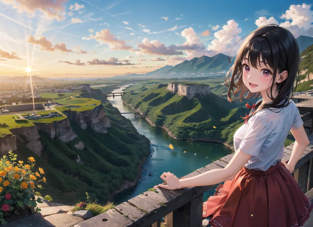 The image shows a young girl standing on a wooden railing overlooking a river. The girl is wearing a white shirt and a red skirt. She has long brown hair and purple eyes. She is smiling and looking at the view. The river is flowing through a valley between two mountains. The mountains are covered in green trees. The sky is blue and there are some clouds in the sky.