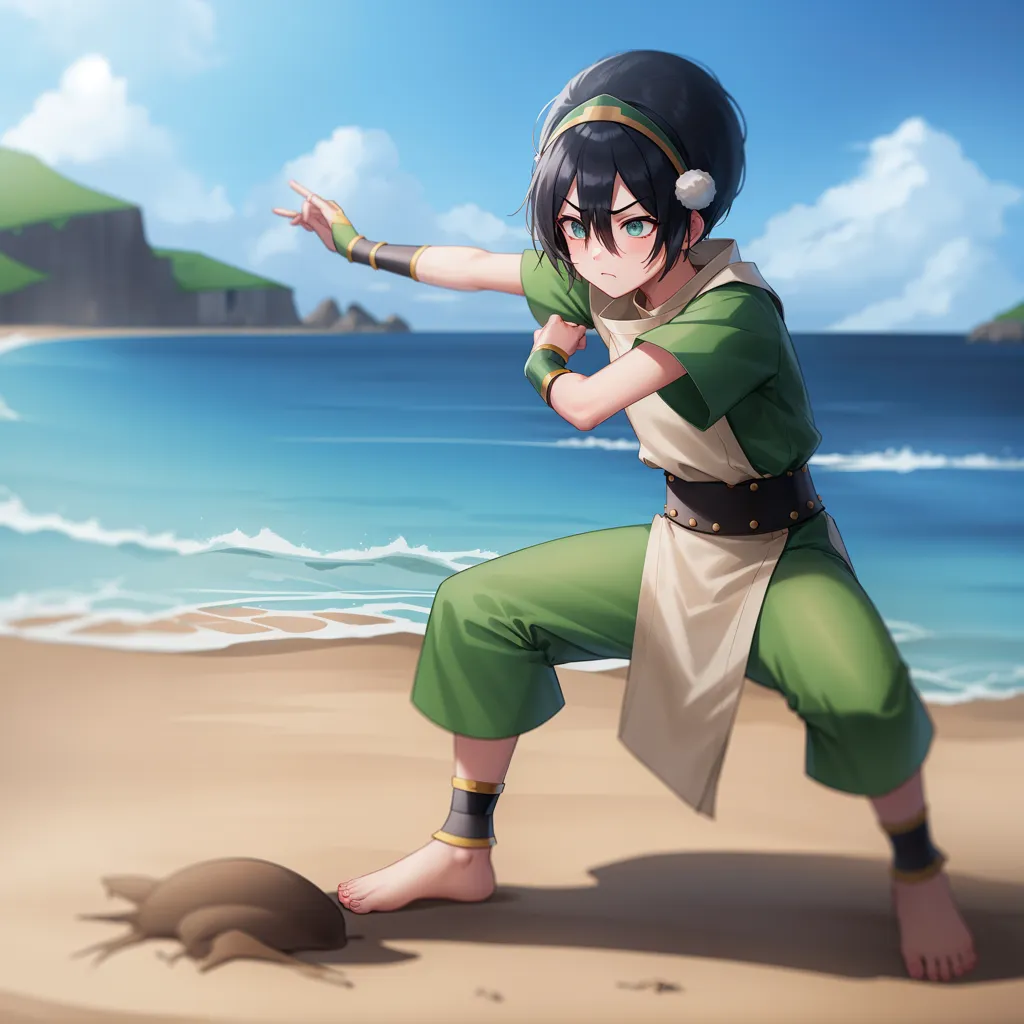 The image shows a young girl with dark hair standing on a beach. She is wearing a green outfit and is in a fighting stance. She has her right arm outstretched and is pointing with her left hand. There is a small crab in the sand in front of her. The ocean is behind her and there are some mountains in the distance. The sky is blue and there are some clouds.