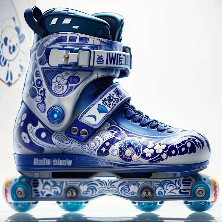 The image is a 3D rendering of a blue and white inline skate with a floral pattern. The skate is sitting on a white surface. The image is rendered in a realistic style and the details of the skate are clearly visible. The inline skate has a white background with blue floral designs. The wheels are blue and the frame of the skate is also blue. The image is well-lit and the colors are vibrant.