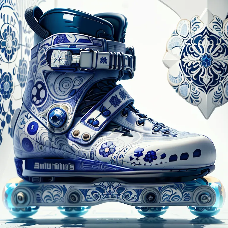 The image shows a white and blue roller skate with a floral pattern. The background is white with a blue pattern. The roller skate has four wheels and is made of a hard material. The boot of the roller skate is blue with a white pattern. The wheels are blue with a white pattern. The image is in focus and the roller skate is in the center of the image.