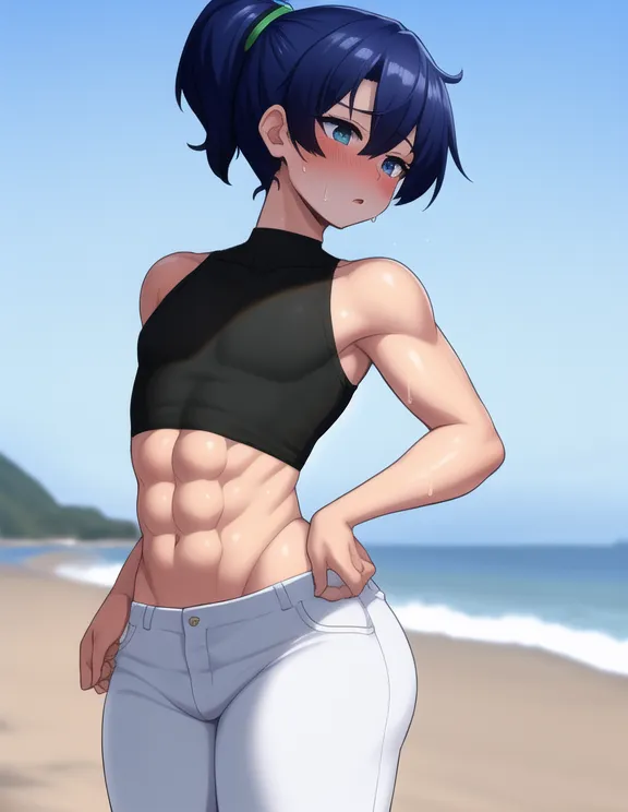 The image is of a muscular young man with blue hair and green eyes. He is wearing a black crop top and white jeans. He is standing on a beach, with the ocean behind him. He has a ponytail, and his hair is blowing in the wind. He is looking at the viewer with a slightly embarrassed expression on his face.