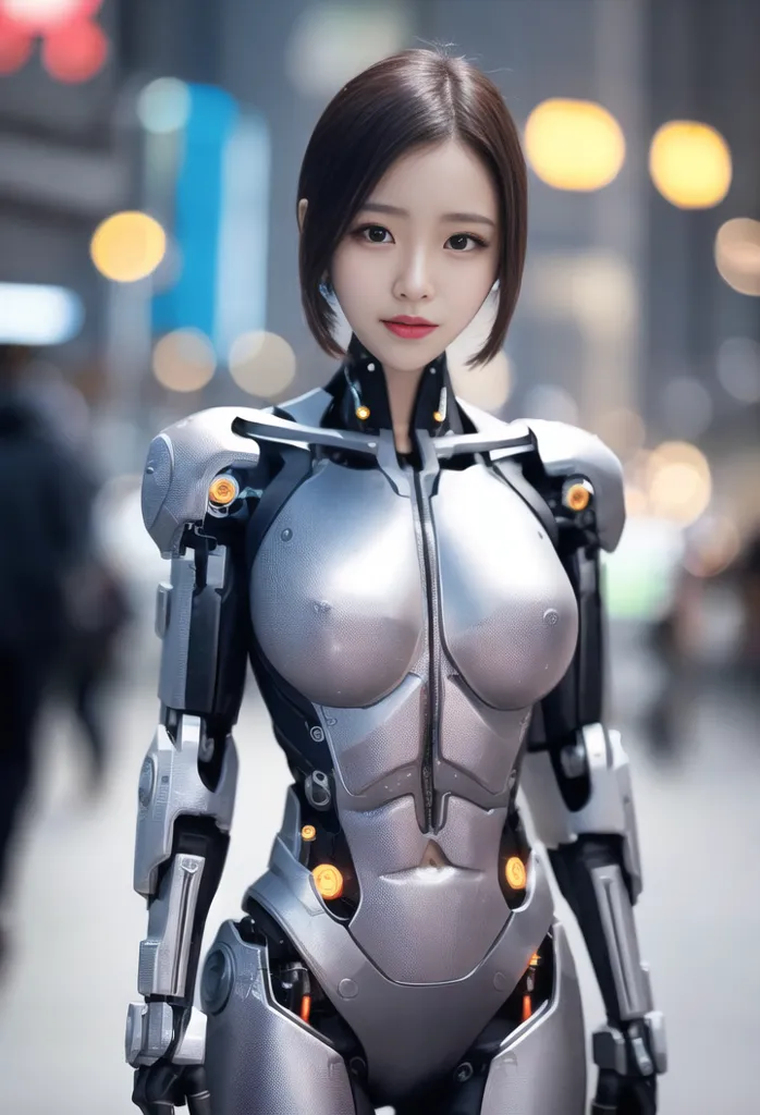 The image depicts a female gynoid, which is a fictional robot with a human-like appearance. She has short brown hair and brown eyes, and is wearing a silver bodysuit with black and yellow detailing. The bodysuit is made of a metallic material and has a futuristic design. The gynoid is standing in an urban setting, and there are people walking in the background.