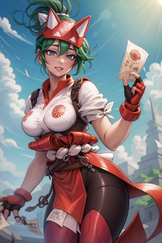 The image is of a young woman with green hair and eyes. She is wearing a red and white kimono with a green obi. She is also wearing a fox mask and has a fox tail. She is holding a paper in her right hand. She is standing in a scenic location with a temple in the background. The sky is blue and there are white clouds.