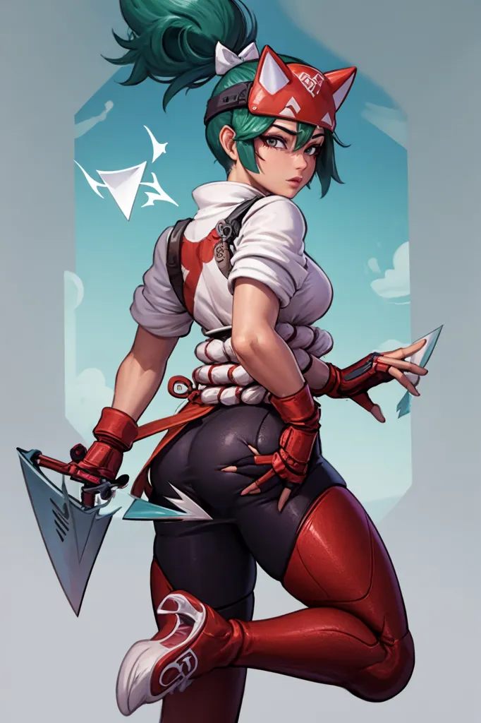 The image is of a young woman with green hair and red eyes. She is wearing a white shirt and red pants. She is also wearing a red and white mask. She is standing in a fighting stance, with her feet shoulder-width apart and her hands raised in front of her. She has a kunai in each hand. The background is a light blue color.