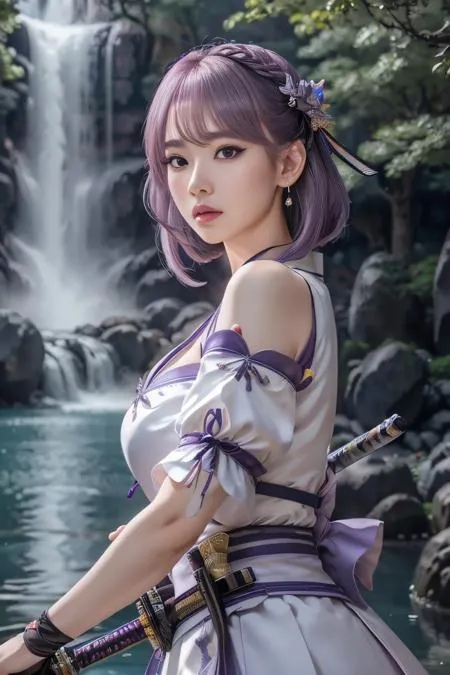 The image shows a beautiful young woman with purple hair and purple eyes. She is wearing a white and purple kimono and is standing in front of a waterfall. She is holding a katana in her right hand. The background is a blur of green trees and rocks. The woman is looking at the viewer with a serious expression.