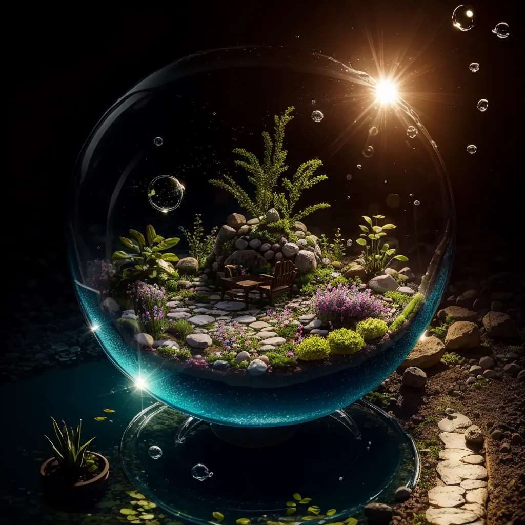 La imagen es un renderizado 3D de una esfera de cristal con un jardín en miniatura en su interior. El jardín tiene un pequeño banco, algunas plantas y flores. La esfera está colocada sobre una mesa junto a un pequeño estanque. Hay una luz brillante que proviene de la parte superior de la esfera. La imagen es muy realista y los detalles son asombrosos.