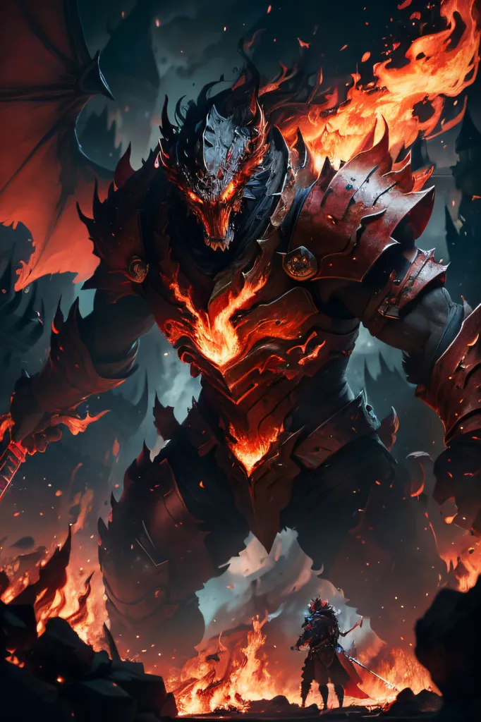 The image is a dark fantasy illustration of a battle between a human and a demon. The human is a knight in full plate armor, wielding a sword. The demon is a large, muscular creature with black scales and red eyes. It is also wearing armor and wielding a massive axe. The battle is taking place in a fiery hellscape, with lava and rocks all around. The knight is standing on a small piece of land, while the demon is standing on a larger piece of land. The knight is looking up at the demon, and the demon is looking down at the knight. Both of them are preparing to attack.