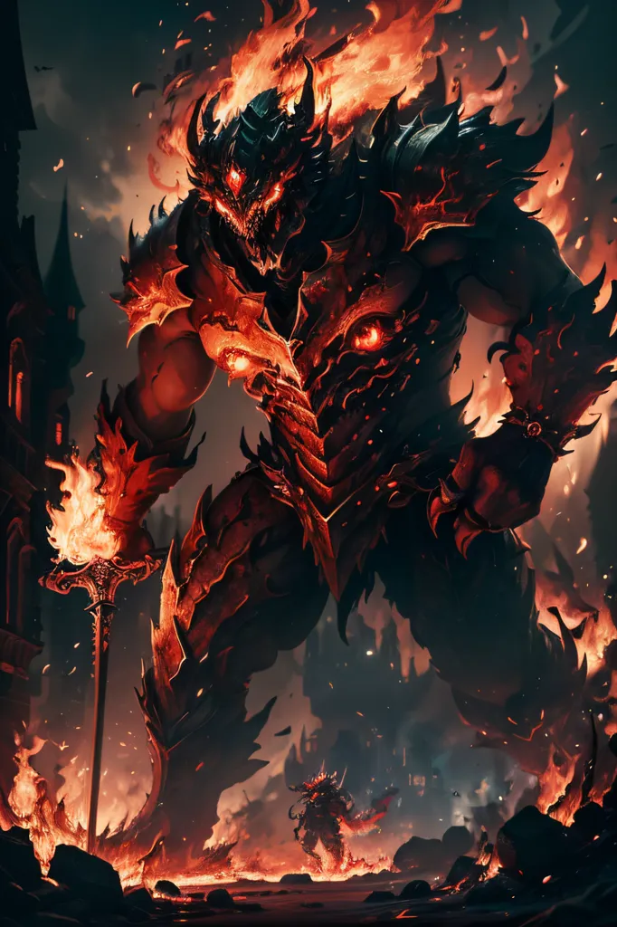 The image is a dark fantasy illustration of a massive, muscular demon with black skin and red-orange eyes. It is wearing black armor and a helmet with a large, curved horn on each side. The demon is standing in a fiery, ruined city, and there is a smaller, human-sized figure standing in the foreground, looking up at the demon in terror. The demon is holding a large sword in its right hand, and its left hand is outstretched, with its fingers curled into claws. The demon's body is covered in intricate tattoos, and its eyes are glowing with a hellish light. The background of the image is a dark, fiery sky, with ruined buildings and mountains in the distance.