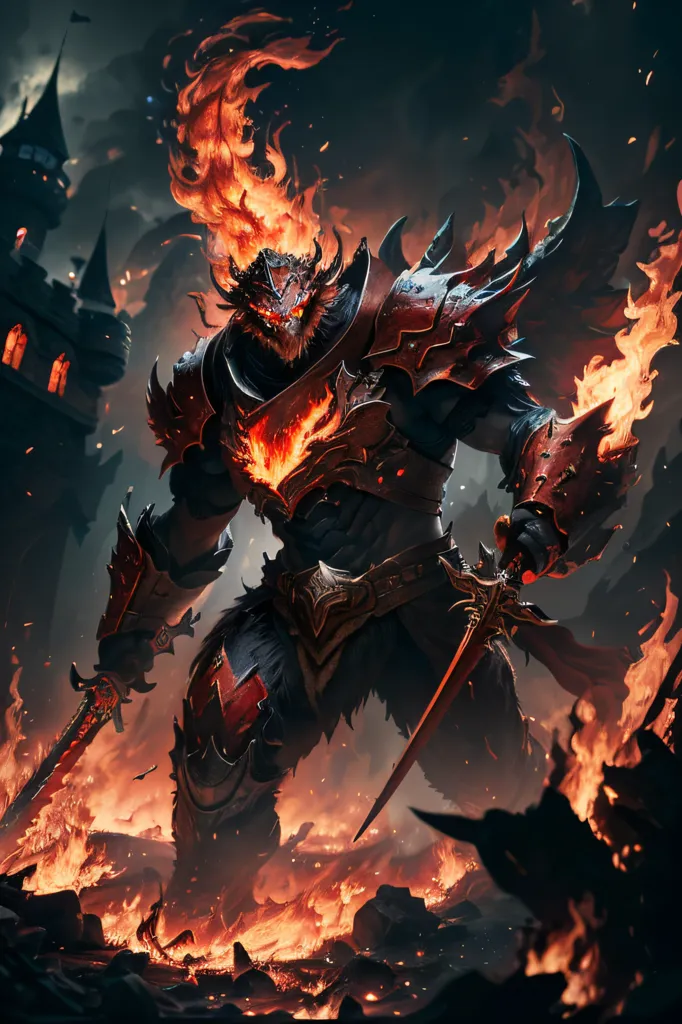 The image is a digital painting of a muscular, demonic creature standing in a fiery, ruined landscape. The creature is wearing dark red and black armor and has a fiery mane and beard. It is holding two swords, one in each hand. The background is a dark, fiery orange sky with ruined buildings and mountains in the distance. The creature is standing on a pile of rubble.