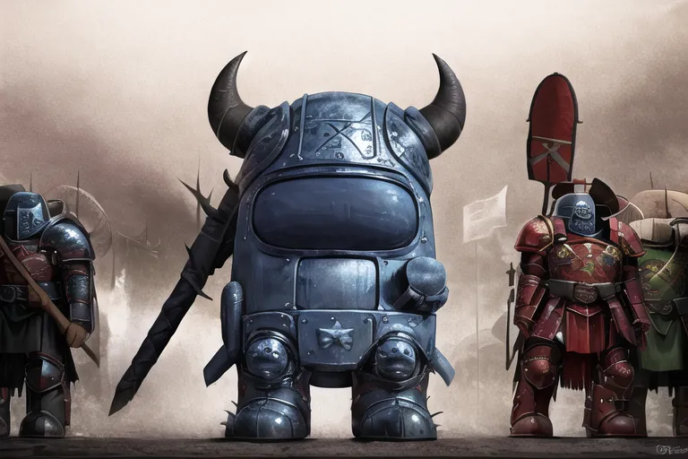 The image shows a character from the game "Among Us" wearing a suit of armor. The character is blue and has a visor on its head. It is standing in front of a group of other characters, who are also wearing armor. The characters in the back are red, white, and yellow. The background is a brown, rocky landscape.