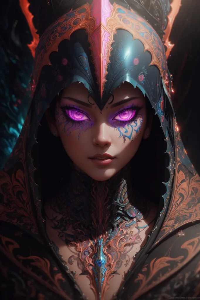 Esta imagem mostra uma mulher, provavelmente uma elfa, com olhos roxos brilhantes. Ela está usando um capacete ornamentado de cor escura com uma peça central refeita. O capacete cobre completamente sua cabeça e orelhas. A parte inferior de seu rosto está descoberta, mostrando seu nariz, lábios e queixo. Ela está usando um traje de cor escura com padrões intrincados e brilhantes em roxo. O traje cobre seu pescoço, peito e ombros. Ela também está usando um colar com uma gema azul no centro. Sua pele é pálida e sem defeitos. Ela tem uma expressão séria no rosto.