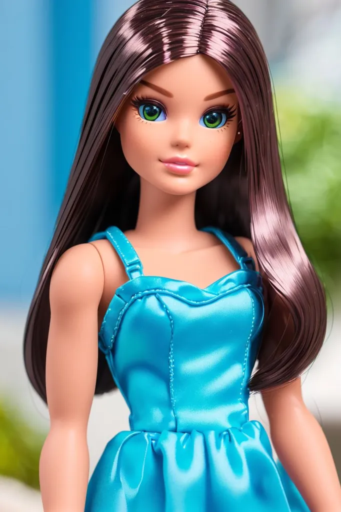 The image shows a doll with long, wavy brown hair, green eyes, and a light tan skin tone. She is wearing a blue dress with a sweetheart neckline and a full skirt. The dress is made of a shiny satin fabric and has a fitted bodice. The doll's hair is styled in a half-up, half-down style with the top half pulled back into a bun and the bottom half left loose. She is wearing light makeup with a pink lip and green eyeshadow.