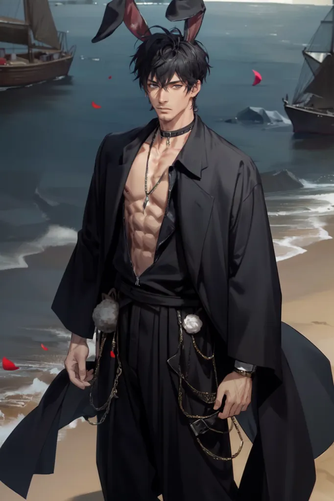 L'image représente un homme aux cheveux noirs et aux yeux noirs. Il porte une chemise de style kimono noire ouverte sur la poitrine, un hakama noir et un manteau noir avec une bordure en fourrure. Il porte également un collier avec un pendentif en forme de lapin. Il a des oreilles et une queue de lapin. Il se tient sur une plage et il y a des navires dans l'eau derrière lui.